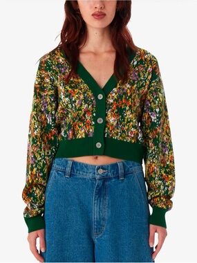 OBEY Clothing Cropped Garden Knit Cardigan Sweater Green Size XS, 100% Cotton